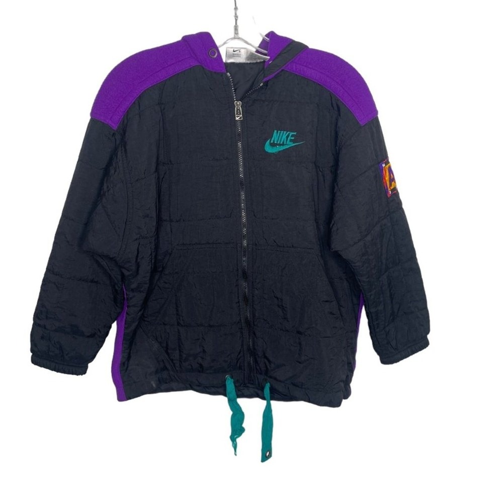 Vintage Nike Air Hooded Jacket Black Purple Quilted Fleece Mixed Media 90s M
